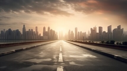 Wet Highway Stretching Tods a Brightly Lit Modern City Skyline at Sunset