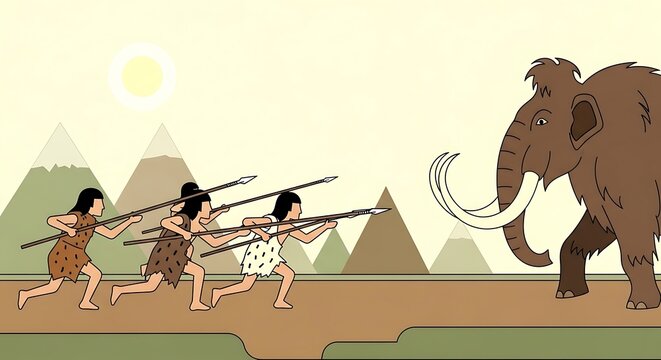 Prehistoric Hunters Stalking Mammoth, Ancient Survival Scene.