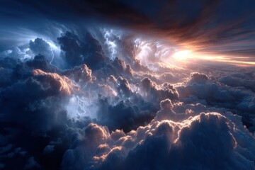 Dramatic sunset illuminating stormy clouds with electric light effects in the sky