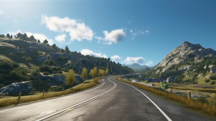 Winding Mountain Road Scene Under Bright Blue Sky with Scattered Clouds and Lush Green Hills