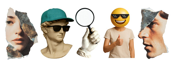 Collection of surreal PNG elements including torn female and male portraits, classical statue bust with cap and sunglasses, plaster hand with magnifying glass and emoji face on transparent background.