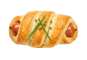 Pigs in a blanket isolated on white, sausage roll pastry with chives garnish for party snacks and appetizers