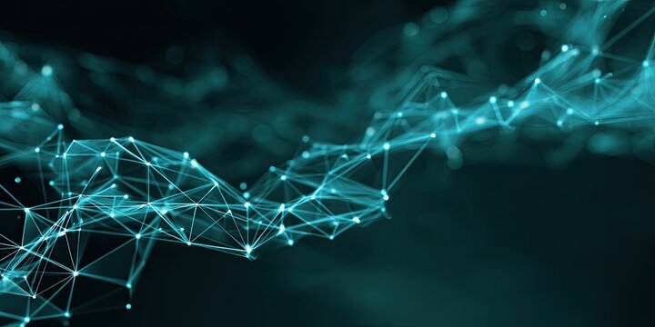 Abstract digital image featuring glowing, interconnected dots and lines on a dark background