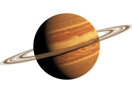 Saturn planet with rings isolated on transparent PNG, detailed gas giant with swirling clouds for space exploration and education