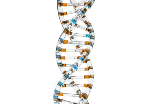Transparent DNA molecule model isolated, double helix structure with orange and blue elements on a clean background for science and medical concepts