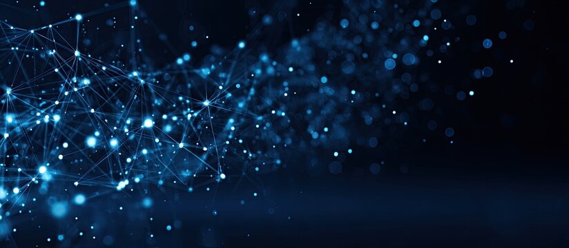 Abstract digital rendering of interconnected nodes forming network in shades of blue against a black background