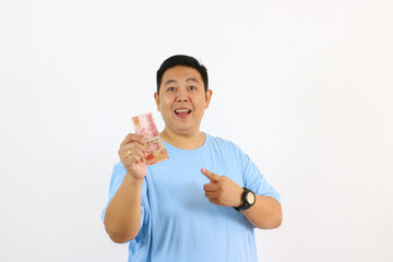 Happy asian Man Celebrating with Money