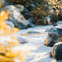 Fototapeta premium Tranquil zen garden with sand stones and yellow foliage creating a peaceful scene