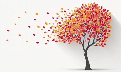 Obraz premium Stylized illustration of a tree with orange, red, and yellow leaves, some blowing away in the wind