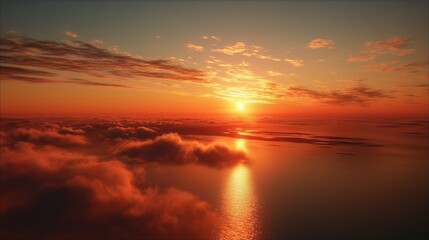 The sunset casts a sunset glow on the ocean and clouds. As the ocean reflects the light, the clouds drift beneath the sunset in a calm evening setting.