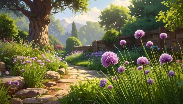 Beautiful garden scene with purple flowers, path, and trees under sunlight