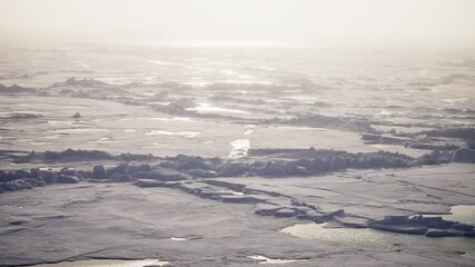 Expansive polar sea ice with scattered floes, melt ponds, and jagged pack formations under a hazy, sunlit sky, revealing a reflective, frigid seascape stretching toward a soft, glowing horizon - Powered by Adobe