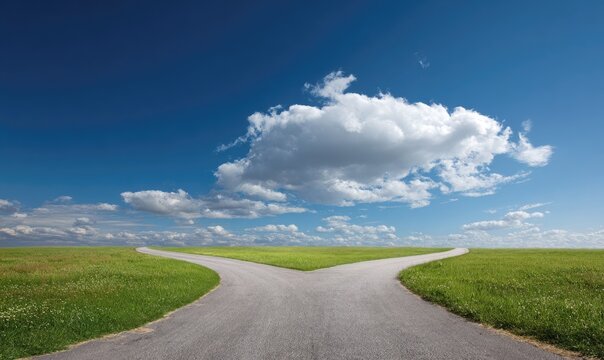 Road splits in two, leading through green fields under a sunny, cloudy sky