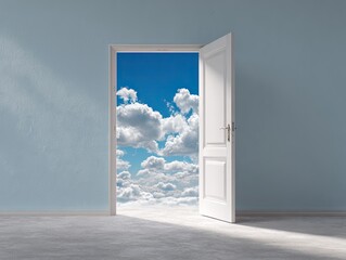 A partially open, white door reveals a vibrant, cloud-filled sky against a pale blue wall