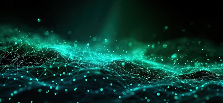 Abstract 3D rendering featuring a network of connected nodes in shades of teal against a dark background