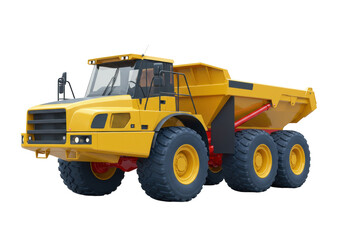 Yellow articulated dump truck isolated on transparent background, heavy construction equipment for mining and earthmoving operations
