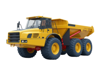 Yellow articulated dump truck isolated on transparent background, heavy construction equipment for mining and earthmoving operations