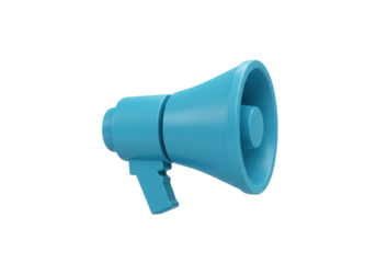 Blue megaphone PNG isolated on transparent background, public address system for announcements and communication
