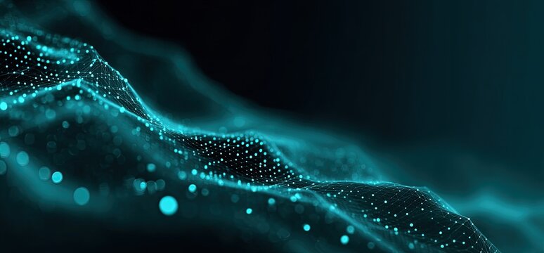 A digital artistic rendering of data visualization featuring a wave-like structure with glowing dots