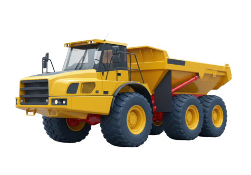 Yellow articulated dump truck isolated on transparent background, heavy construction equipment for mining and earthmoving operations