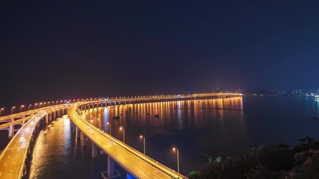 Xinghai Bay Bridge Dalian China Night Timelapse Urban Skyline Cross-Sea Transportation Infrastructure