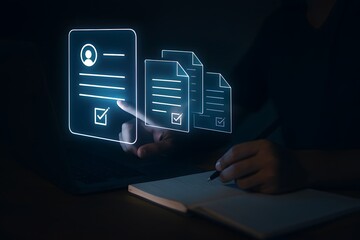 A persons hand interacts with a glowing digital interface displaying a document checklist, representing online forms and digital verification processes