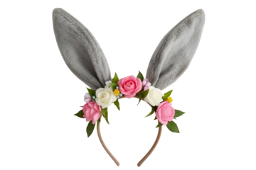 Gray plush bunny ears headband with pink and white roses isolated on a transparent background