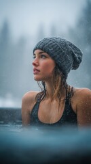 Obraz premium Woman in knit hat relaxing in snowy hot spring
