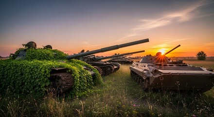 Fototapeta premium Abandoned Military Tank in Field at Sunset Covered in Greenery