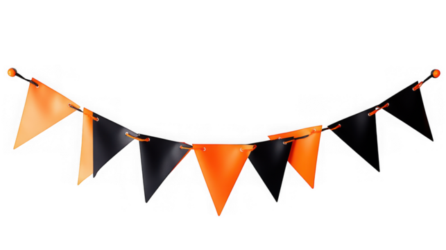 A festive halloween banner featuring alternating orange and black triangular flags strung together, perfect for holiday decoration, isolated on transparent background