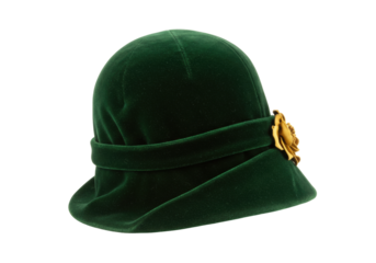 Elegant green velvet cloche hat isolated, vintage fashion headwear with gold flower accent for formal events and historical reenactments