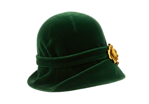 Elegant green velvet cloche hat isolated, vintage fashion headwear with gold flower accent for formal events and historical reenactments
