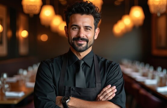 Smiling man with beard wearing black shirt and apron stands with folded arms in restaurant dining area. Confident waiter or chef ready for service.