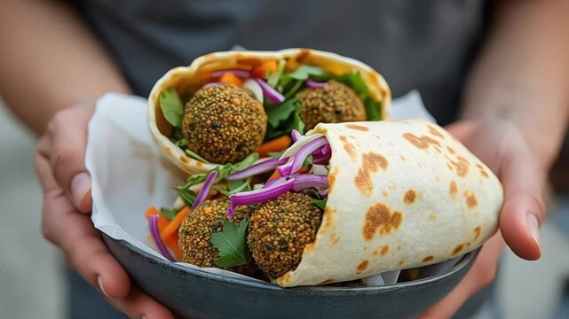 Hands holding pita bread filled with falafel, vegetables, and fresh herbs close up