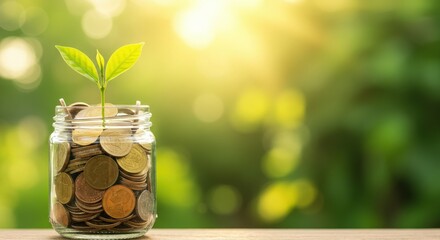 Green sprout growing from a jar filled with coins symbolizing financial growth