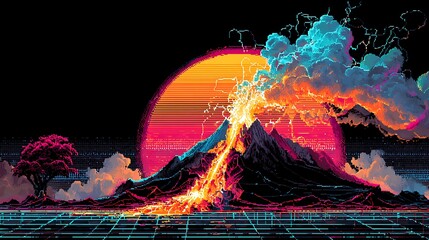 A retro 80s style volcano eruption scene, with neon lights, exaggerated colors, and a pixelated aesthetic evoking a nostalgic feel
