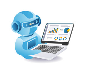 Artificial intelligence robot analyzing business growth graph on laptop