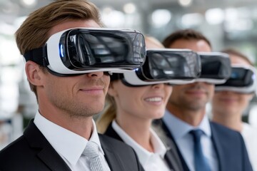 Groups of professionals experience virtual reality technology together at a conference
