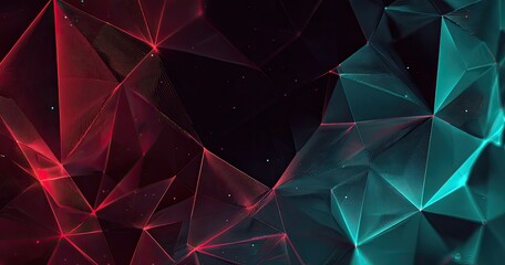 Abstract geometric art with red and teal interconnected lines and dark background