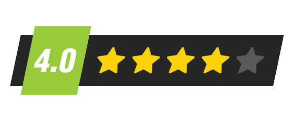 Four star rating bar with numeric label 4.0 in light green badge design, strong review feedback score for customer satisfaction, PNG with transparent background