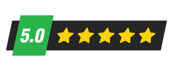 Five star rating bar with numeric label 5.0 in green badge design, perfect customer review feedback and quality approval symbol, PNG with transparent background