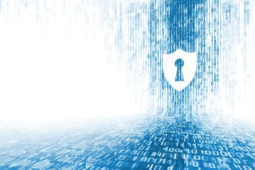Abstract rendering of a data stream flowing towards a white shield with a keyhole symbol