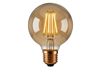 Vintage Edison bulb isolated, amber glass globe with glowing filament, retro style light source for decorative lighting