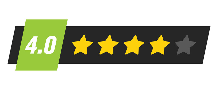 Four star rating bar with numeric label 4.0 in light green badge design, strong review feedback score for customer satisfaction, PNG with transparent background