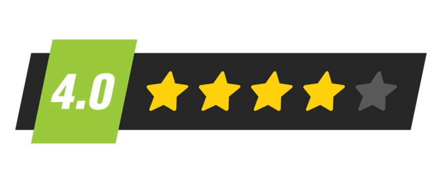 Four star rating bar with numeric label 4.0 in light green badge design, strong review feedback score for customer satisfaction, PNG with transparent background