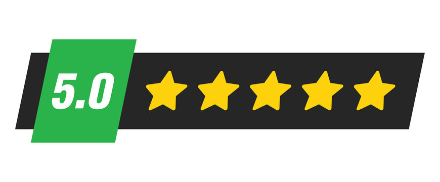 Five star rating bar with numeric label 5.0 in green badge design, perfect customer review feedback and quality approval symbol, PNG with transparent background