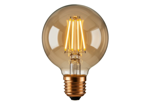 Vintage Edison bulb isolated, amber glass globe with glowing filament, retro style light source for decorative lighting