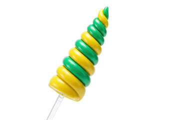 Green and yellow spiral lollipop isolated on transparent background, colorful candy sweet treat for kids party and dessert