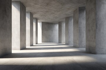 An empty interior space showcasing a modern architectural design with concrete pillars and natural light