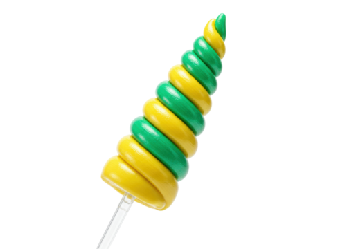Green and yellow spiral lollipop isolated on transparent background, colorful candy sweet treat for kids party and dessert